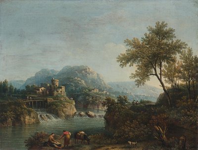 Paysage fluvial avec personnages et un âne - Giovanni Battista Cimaroli